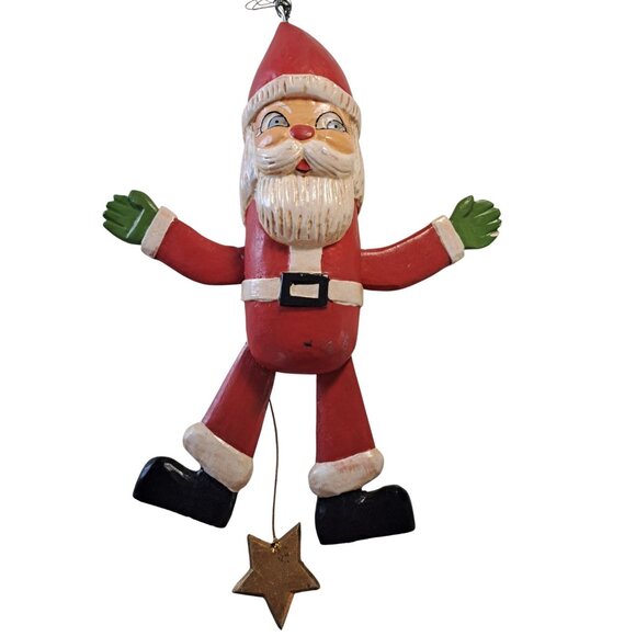 Vintage Santa Claus Wooden Ornament With Moving Limbs & Gold Star Collectible - Picture 1 of 7